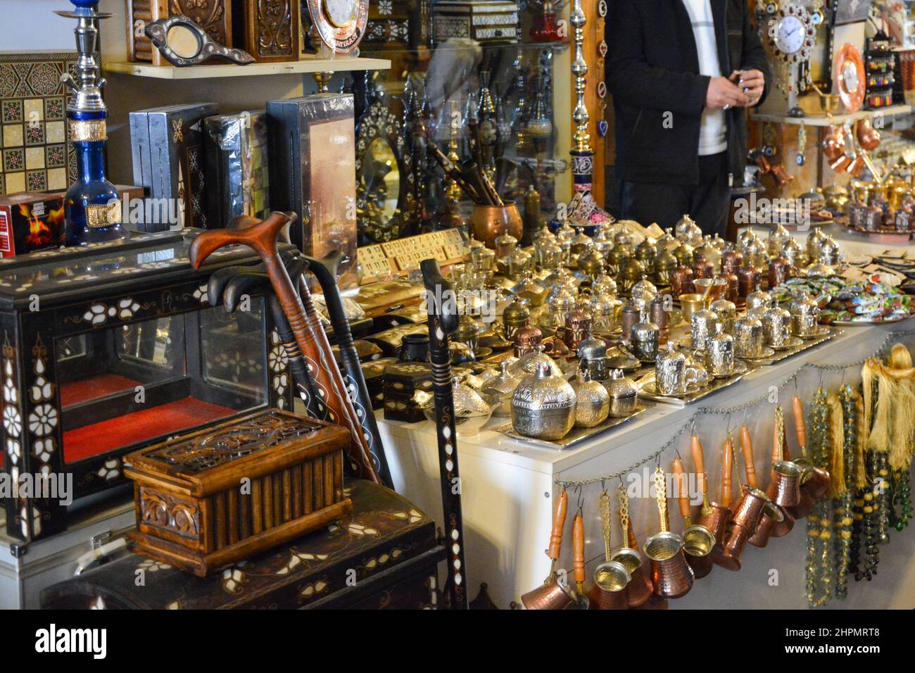 Coppersmith street in market bazaar of Gaziantep in Turkey. Copper and