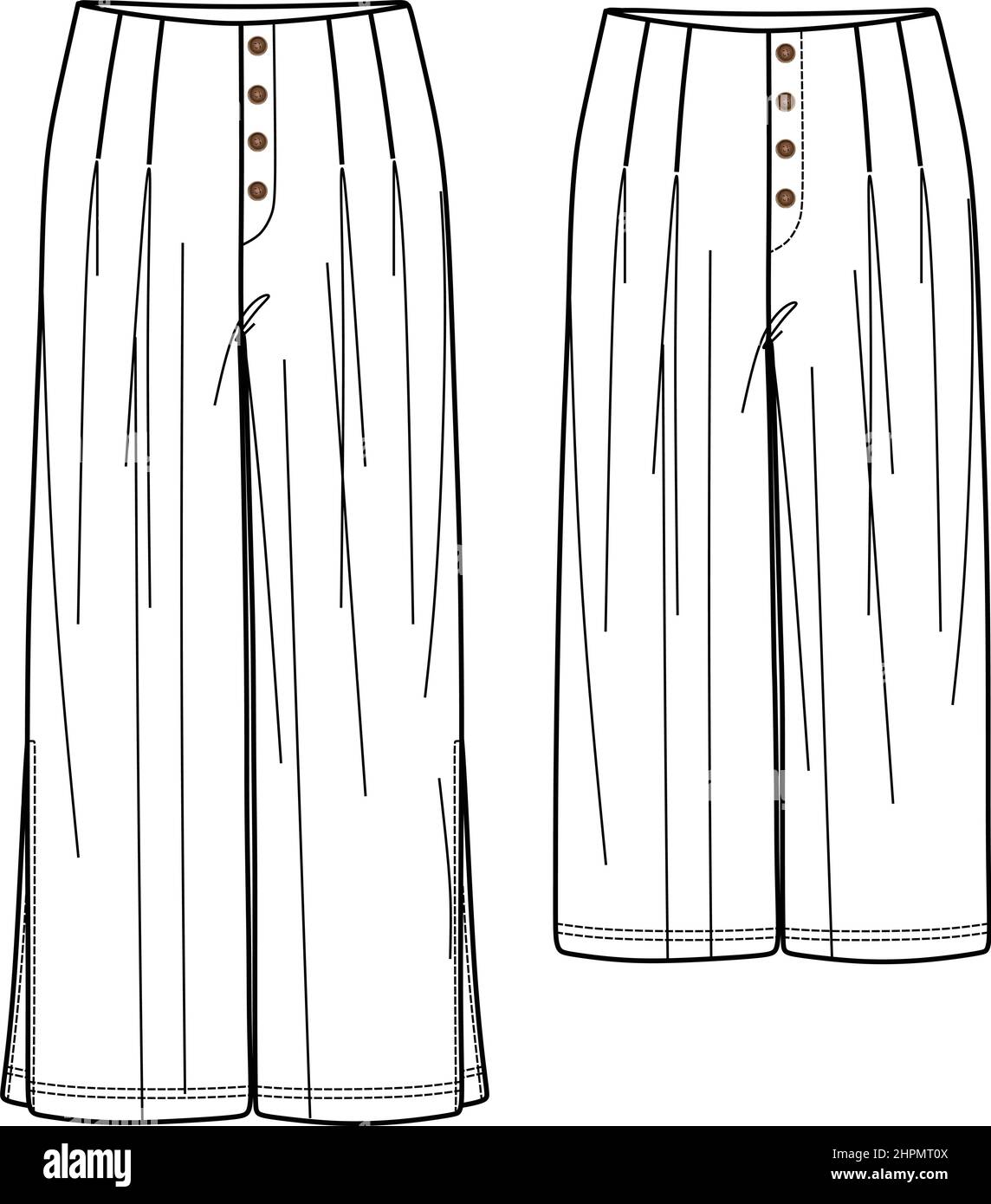 Vector wide leg trousers with side slits fashion CAD, woman relaxed fit pants with buttons technical drawing, sketch, template, flat. Jersey or woven Stock Vector