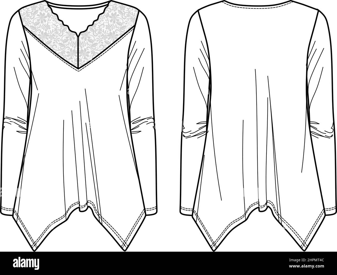 Vector long sleeved t shirt fashion CAD, v neck woman top with lace trim technical drawing, sketch, template, flat. Jersey blouse with front, back vie Stock Vector