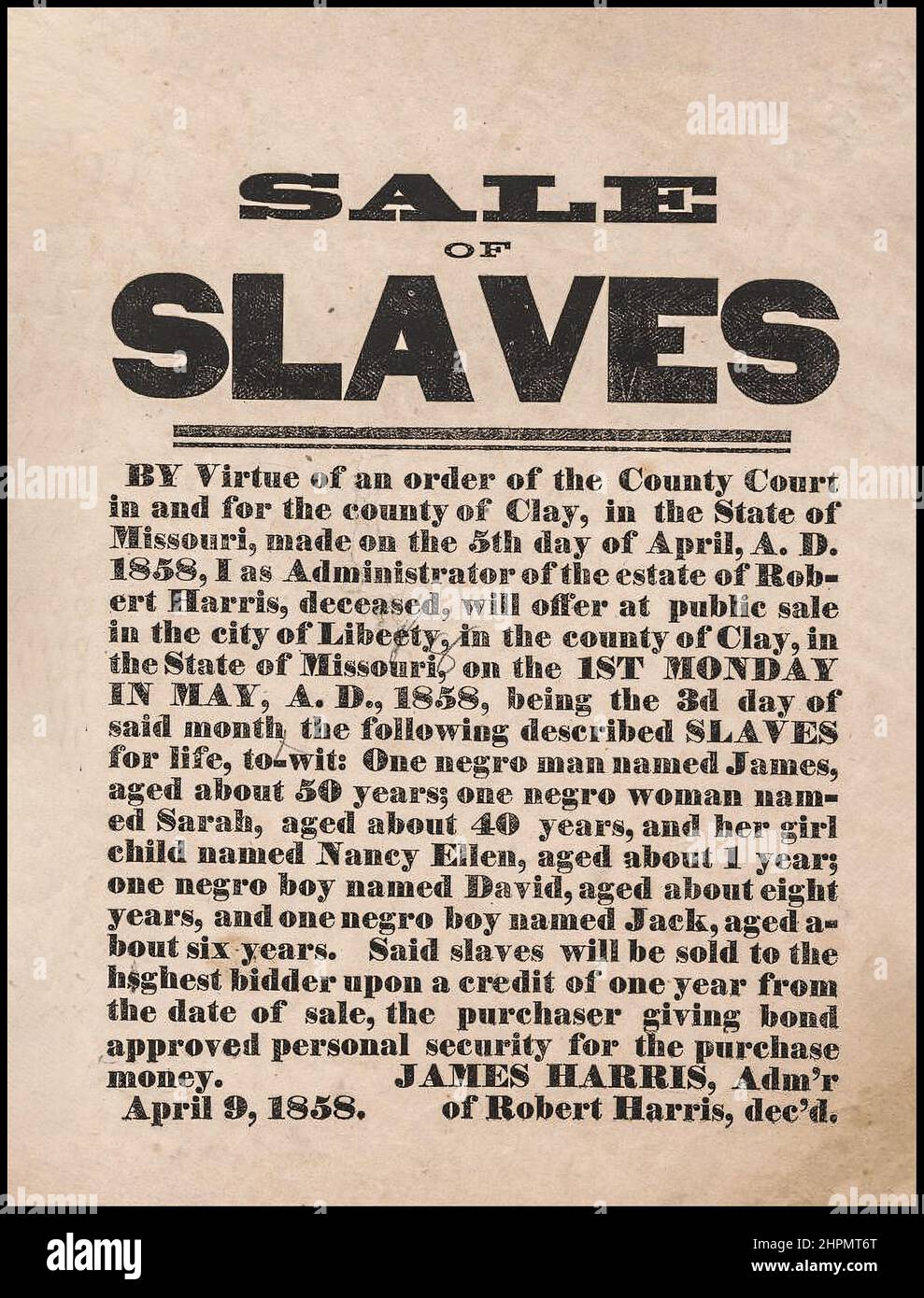 SLAVES for sale poster 1858 County of Clay State of Missouri USA Slaves for life sold to highest bidder Southern America USA Stock Photo