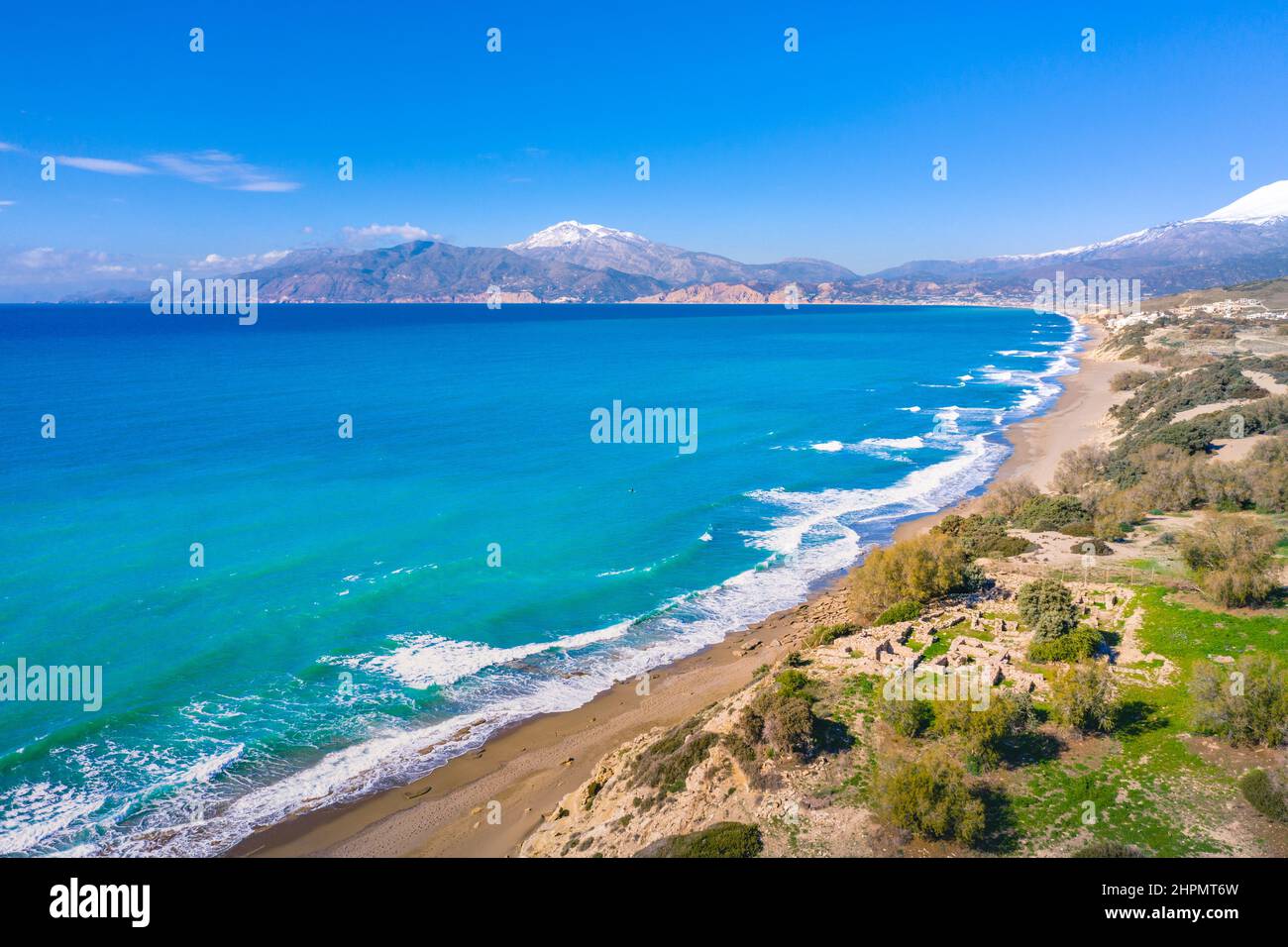 Famous sandy nudist beach of Komos near Matala, Crete, Greece Stock Photo