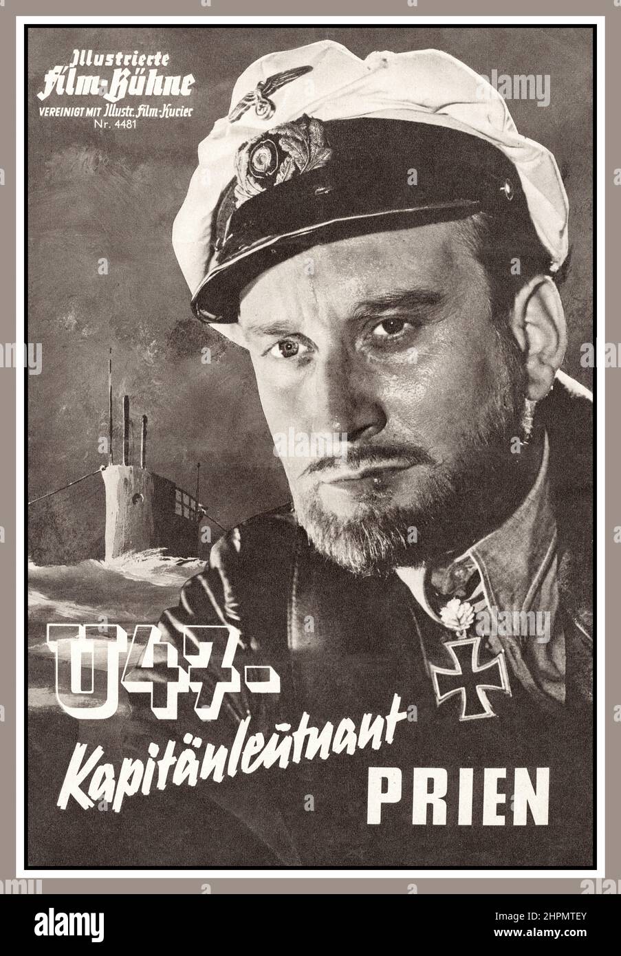 Vintage Film Poster Nazi submarine U47 – Kapitänleutnant Prien (English: U 47 – Lieutenant Commander Prien) is a partly fictious propaganda 1958 black-and-white German war film portraying the World War II career of the U-boat captain Günther Prien. It stars Dieter Eppler and Sabine Sesselmann and was directed by Harald Reinl. The story is loosely based on Prien's combat record and command of submarine U-47. His most famous exploit was sinking  British battleship HMS Royal Oak at anchor in Scapa Flow. His achievements as U-boat commander were highly idolized by Joseph Goebbels Propaganda Minist Stock Photo