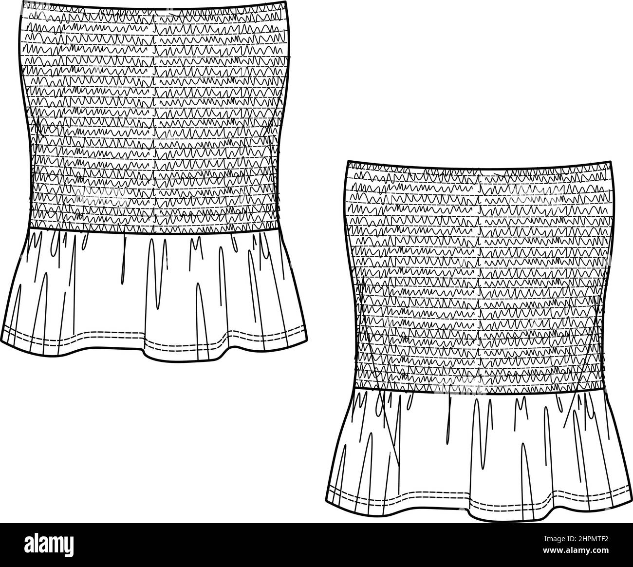 Vector strapless top technical drawing, women top fashion CAD, template Stock Vector