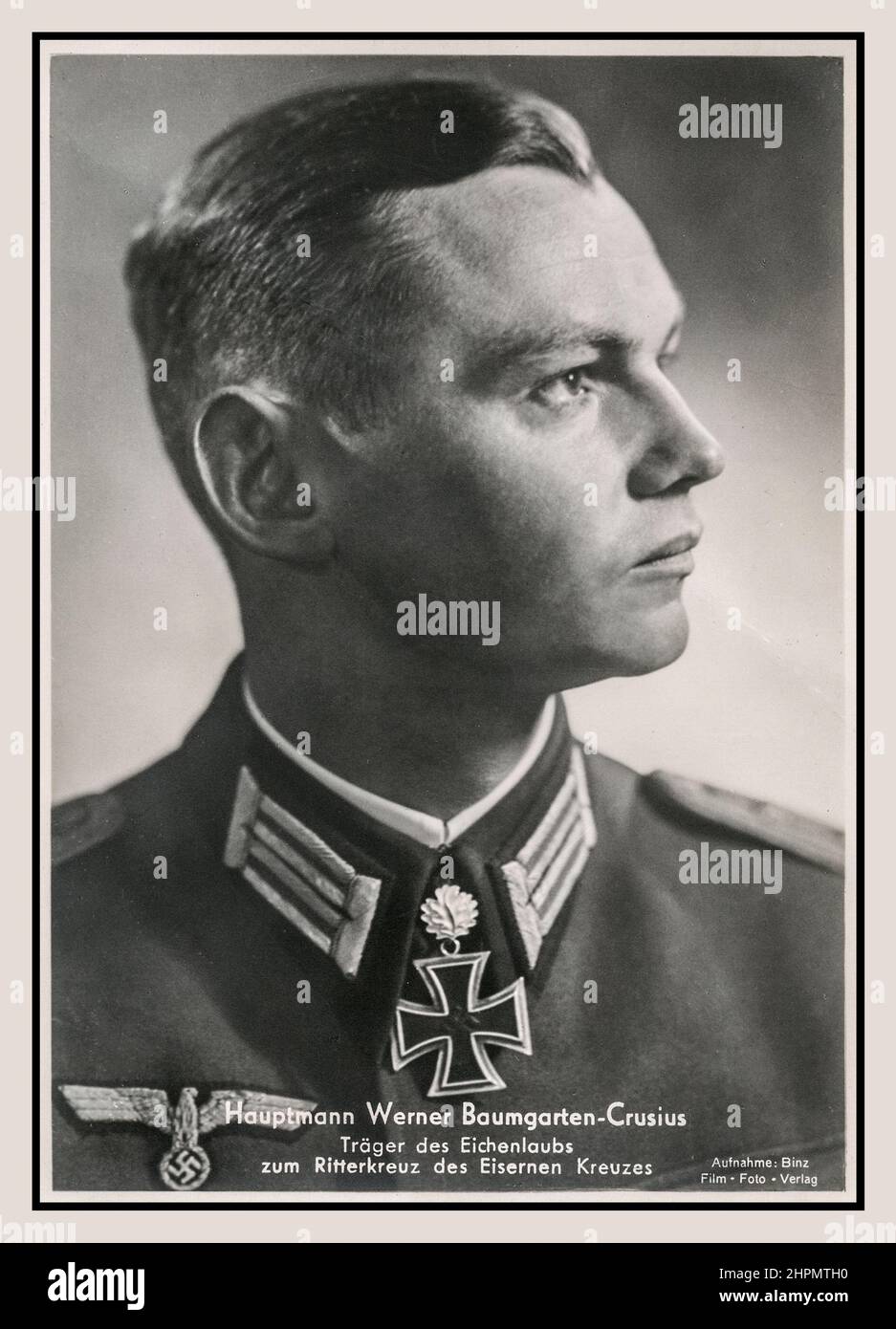 WW2 Nazi Army Officer Portrait Werner Baumgarten-Crusius (29 January 1919 – 4 November 1995) was a highly decorated Hauptmann in the Wehrmacht during World War II. He was also a recipient of the Knight's Cross of the Iron Cross with Oak Leaves. The Knight's Cross of the Iron Cross and its higher grade Oak Leaves was awarded to recognise extreme battlefield bravery or successful military leadership. Werner Baumgarten-Crusius was captured by American troops during the Battle of the Bulge and was released in September 1945.World War II Stock Photo