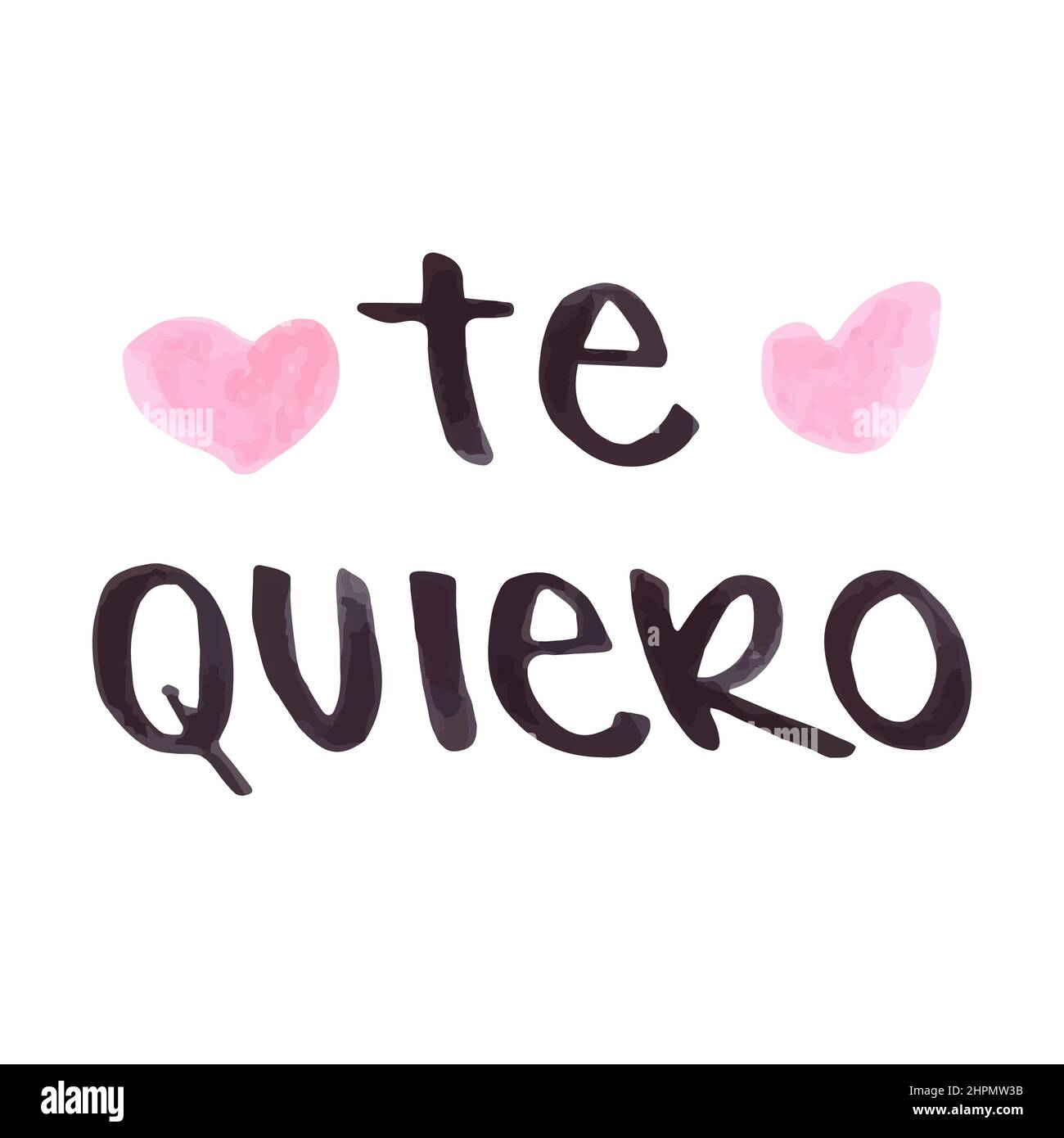 I love you in Spanish: 'Te quiero'. Hand drawn lettering with marker. Hearts shapes. Vector illustration, flat design Stock Vector