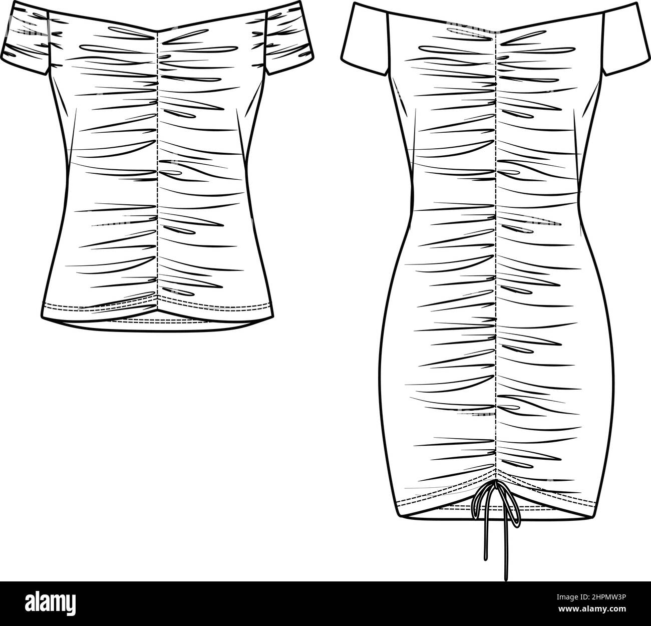 https://c8.alamy.com/comp/2HPMW3P/vector-woman-summer-dress-with-gathered-front-and-sleeves-fashion-cad-off-shoulder-dress-technical-drawing-template-flat-sketch-jersey-or-woven-f-2HPMW3P.jpg