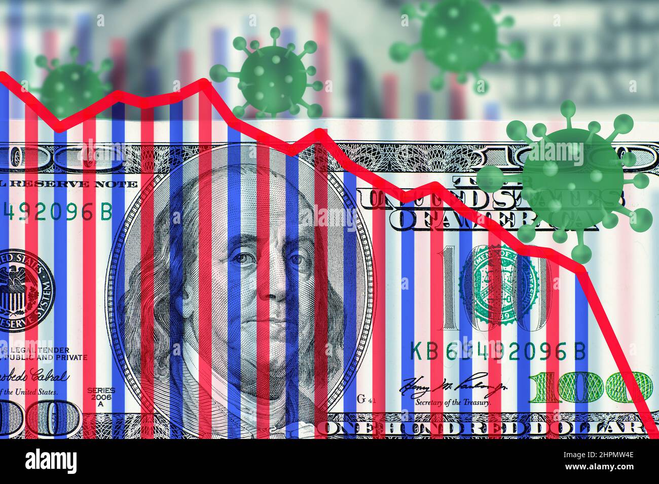 Impact of coronavirus on business, exchange rate, dollar. Decline chart and US dollar. Molecules of the coronavirus. Crisis, inflation, decline of the Stock Photo