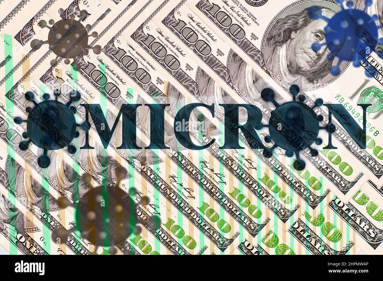 Impact of omicron stamp coronavirus on business, exchange rate, dollar. Molecules of the coronavirus. Crisis, inflation, decline of the banking system Stock Photo