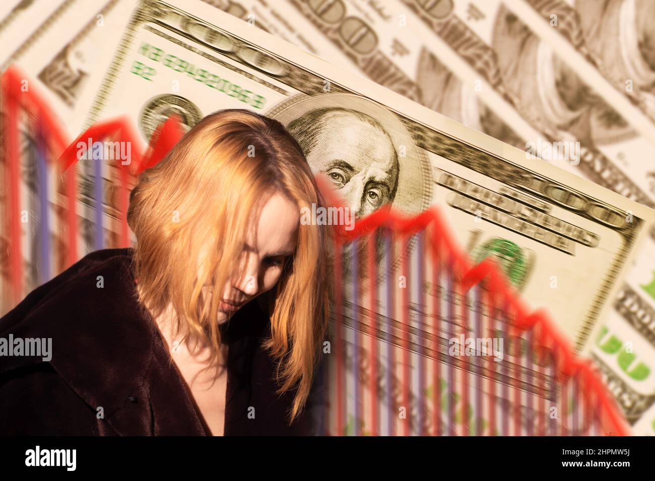 Unemployment, inflation concept. Decrease chart and US dollars on the background. Sad woman with her head bowed. Dismissal, crisis, job loss. Stock Photo