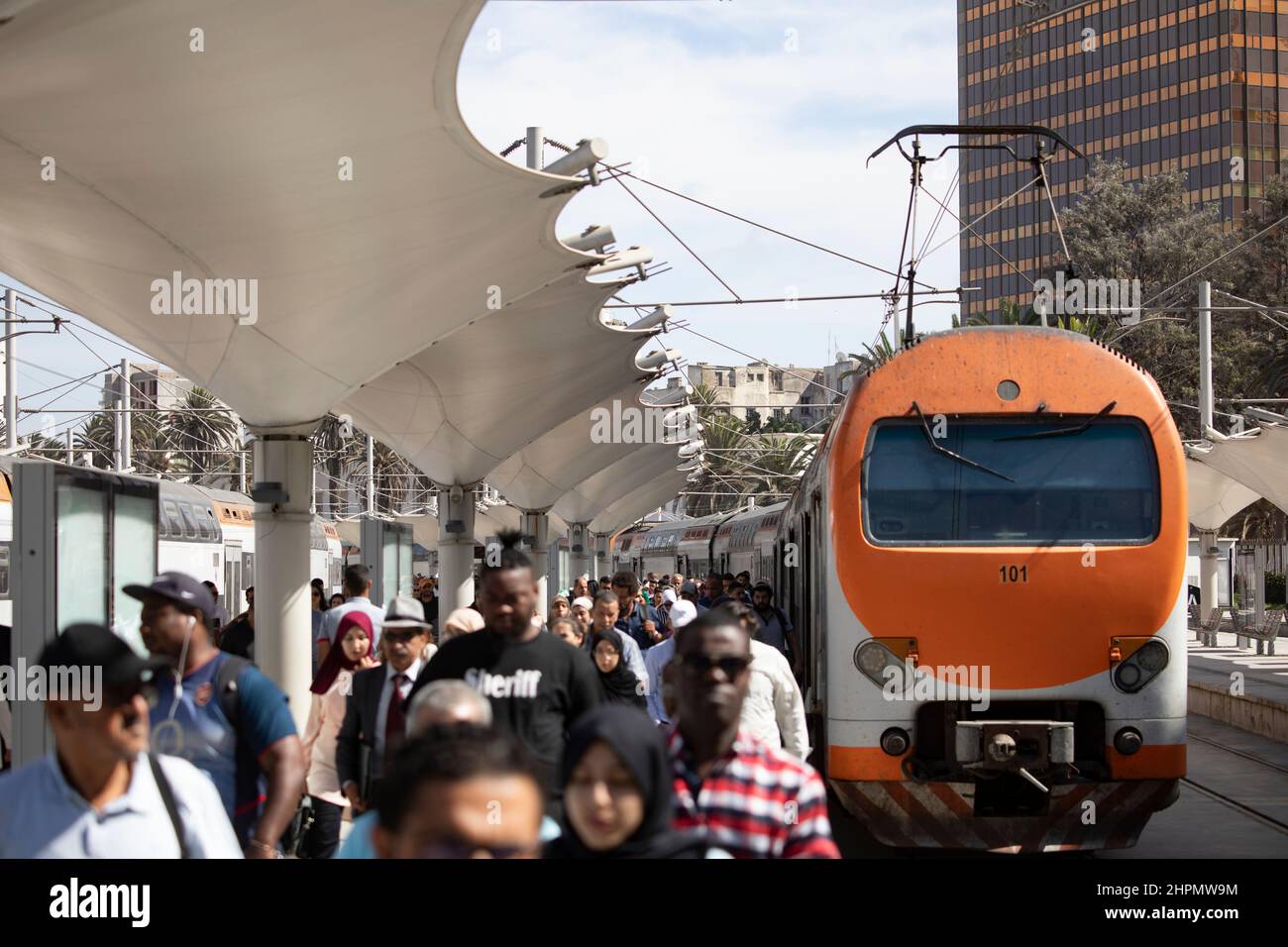 Passengers exit a regional passenger train at Casa Port train station in Casablanca, Morocco. Stock Photo