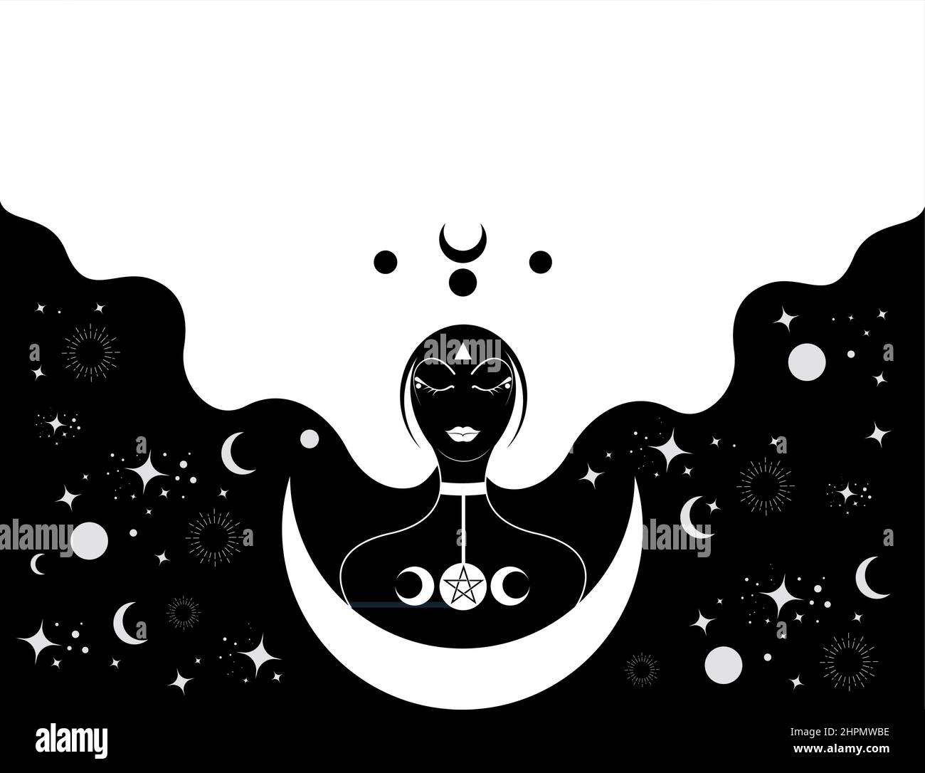 Priestess with lonh hair, template. Crescent moon, sacred wiccan black woman goddess icon. Triple Moon Religious Wicca sign. Neopaganism symbols Stock Vector