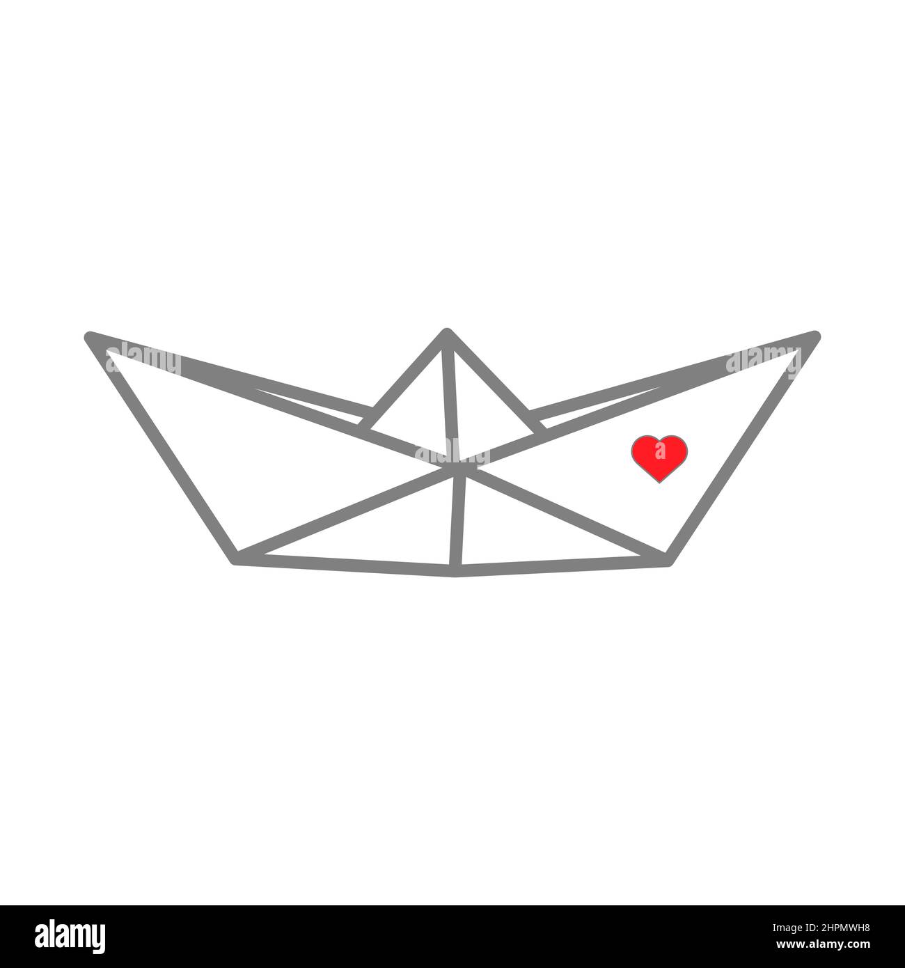 Vector illustration of paper boat icon with tiny heart. Outline simple paper boat isolated on