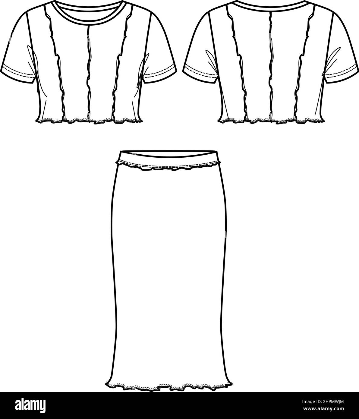 Vector short sleeved t-shirt fashion CAD, trendy woman midi slim fit skirt technical drawing, fashionable 2 pcs. template, flat, sketch. Jersey or wov Stock Vector