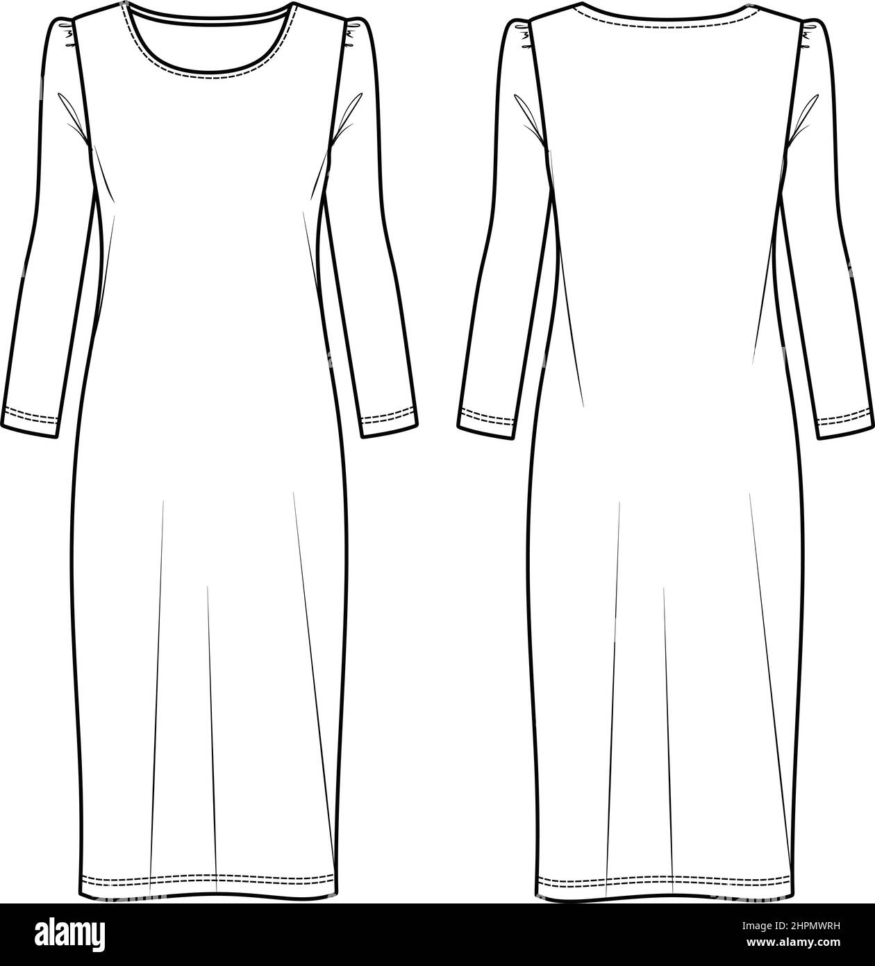 Dress Fashion Flat Sketch Template. Dress Technical Drawing Stock