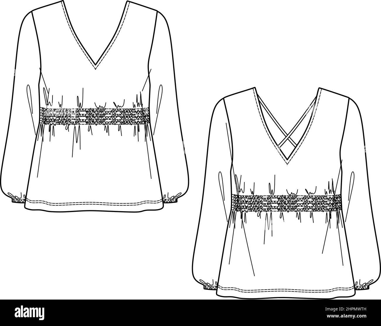 Woman blouse sketch, blouse CAD, top sketch for woman, blouse drawing, woman clothes sketch, woman appeal, top CAD, wrapped blouse sketch, top technic Stock Vector