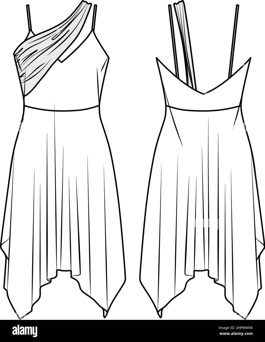 Vector mini dress fashion CAD, woman asymmetric hem dress technical drawing, slim fit with narrow shoulder straps dress template, sketch, flat. Jersey Stock Vector