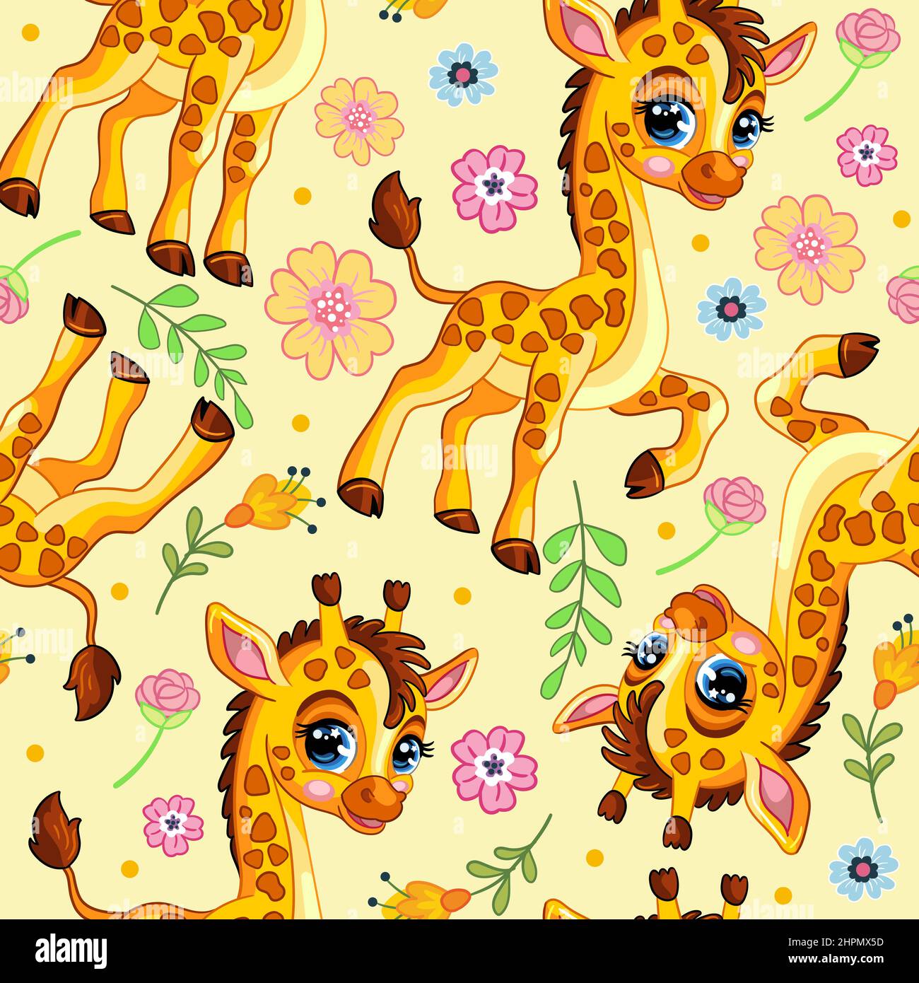Seamless vector pattern with cute happy giraffes and flowers on yellow ...