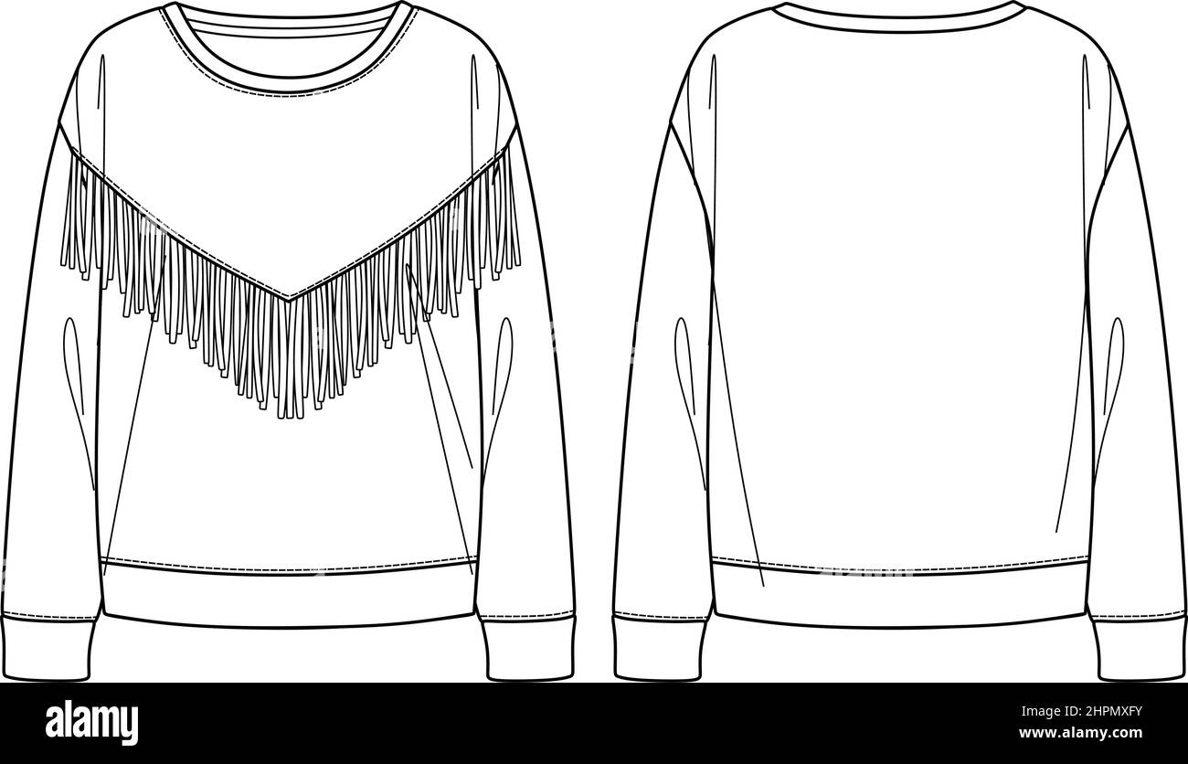Vector woman sweatshirt fashion CAD, round neck sweatshirt with fringe trim technical drawing, template, flat, sketch Stock Vector