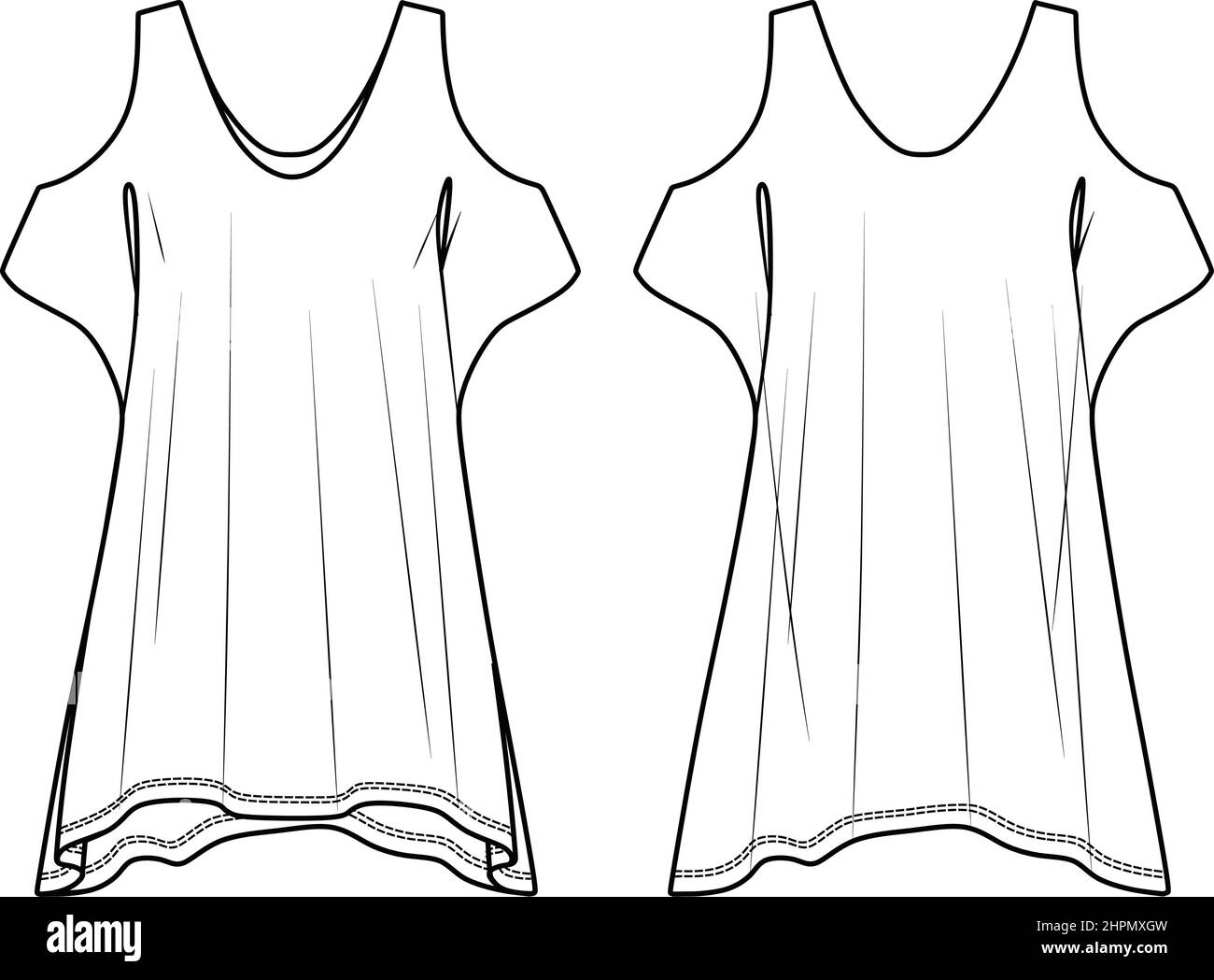 Vector summer dress fashion CAD, woman sleeveless a shaped asymmetric hem dress technical drawing, template, flat, sketch. Jersey or woven fabric dres Stock Vector