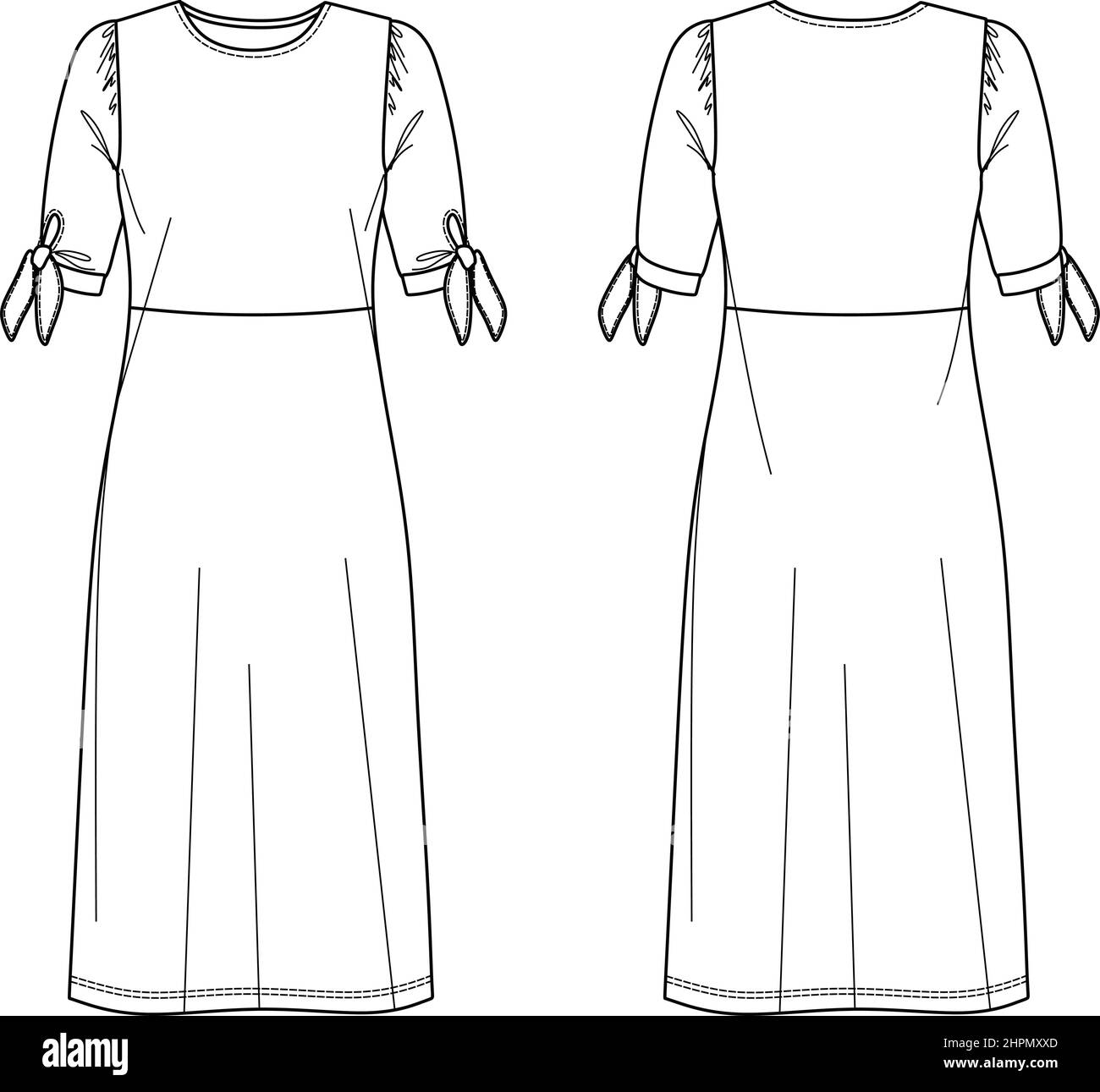 Midi dress vector technical drawing, dress with tie detail CAD/flat, dress with short sleeves sketch Stock Vector