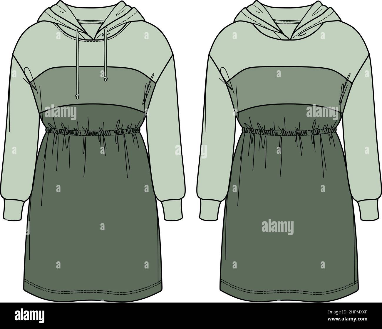 Vector sweatshirt dress technical drawing, woman long sleeved dress fashion  CAD, hooded dress template, sketch Stock Vector Image & Art - Alamy
