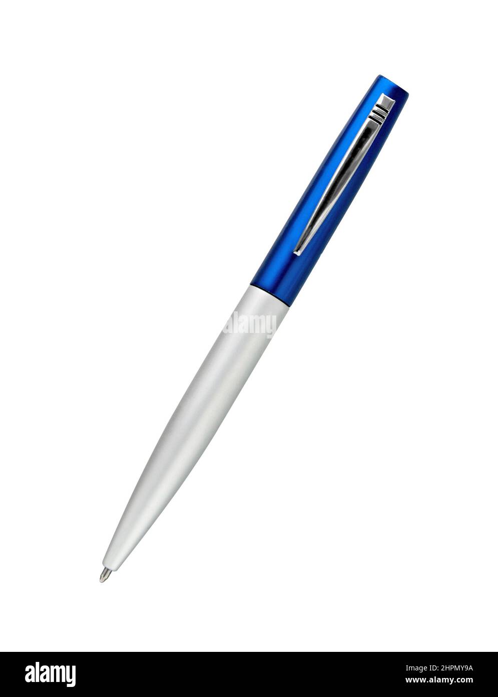 Metal pen isolated on white background. Blue ballpoint pen cut out. Metallic disposable biro pen. Stock Photo