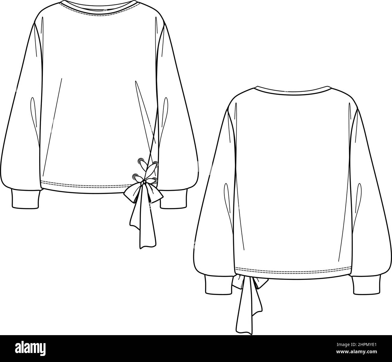 Vector fashion sketch sweatshirt with bow, women sweatshirt technical drawing, fashion CAD long sleeved top with gathering detail Stock Vector