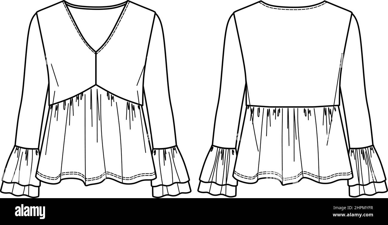 Vector woman blouse technical drawing, v neck long sleeved top fashion