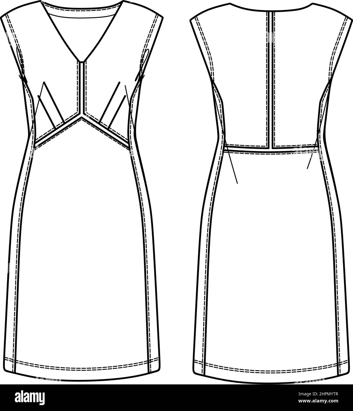 Vector summer v neck dress fashion CAD, woman mini dress with stitches technical drawing, template, flat, sketch. Jersey or woven fabric dress with fr Stock Vector
