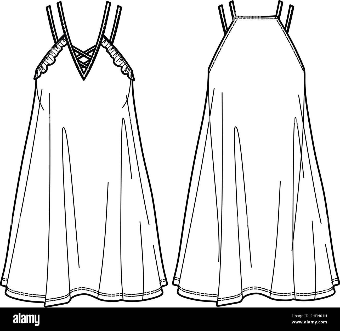 Vector short flared dress fashion CAD, woman a shape dress with frills technical drawing, dress with thin shoulder straps template, flat, sketch. Jers Stock Vector