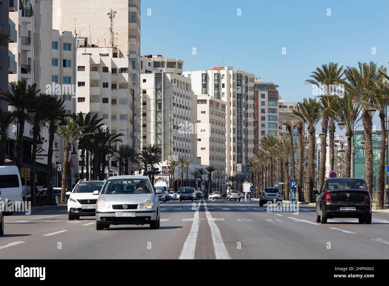 Avenue Mohammad VI runs alongside the downtown waterfront in Tangier, Morocco. Stock Photo