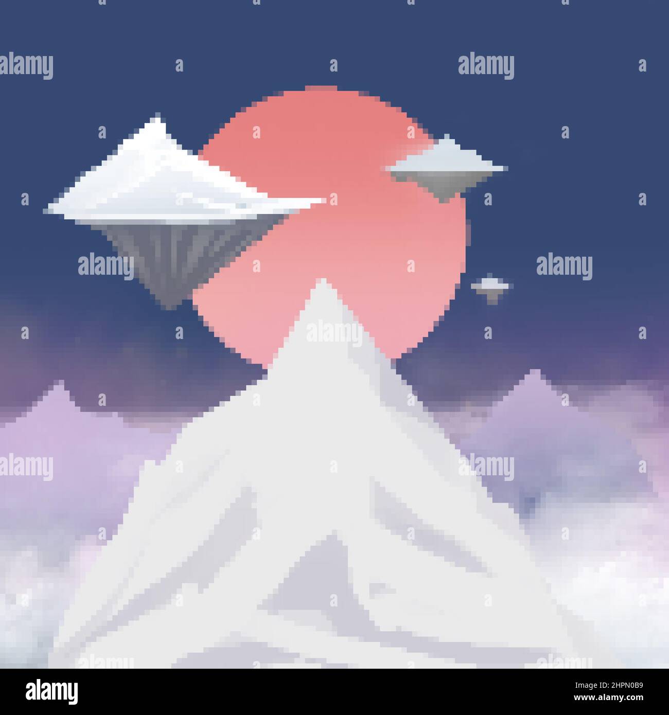 Pixel artwork illustration of futuristic planet snow mountains and flying rock platforms with red sun, 8 bit game backdrop. Stock Photo
