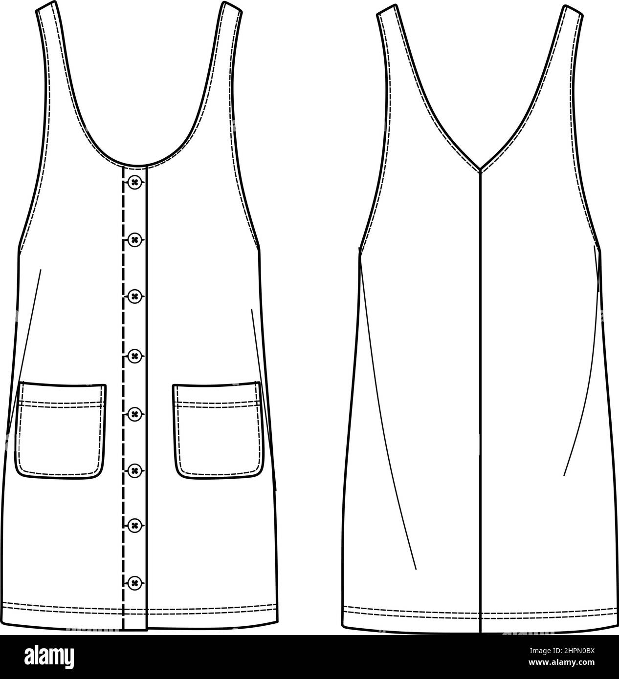 Vector overall dress technical drawing, woman overall fashion CAD, dress template with pockets and buttons Stock Vector