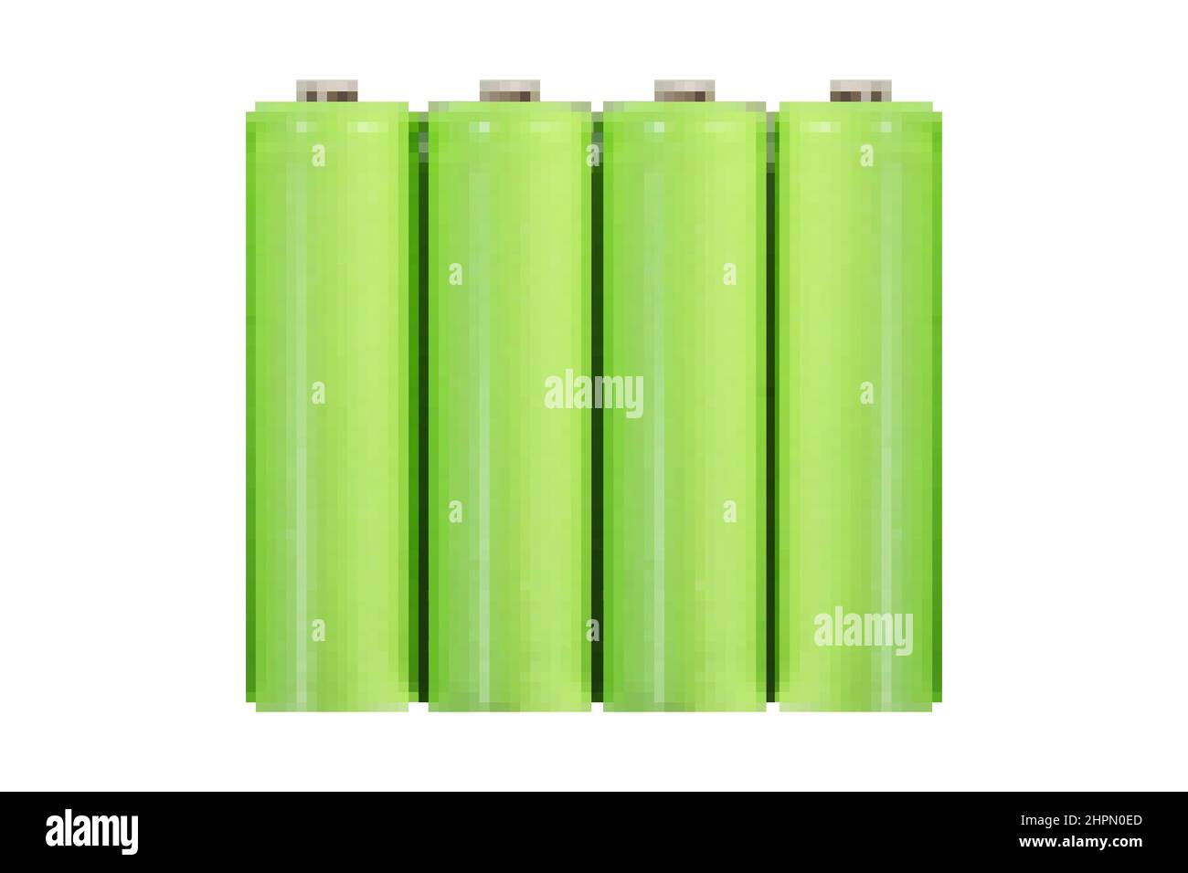 Pixel artwork illustration of green colored rechargeable batteries isolated on white background. Stock Photo