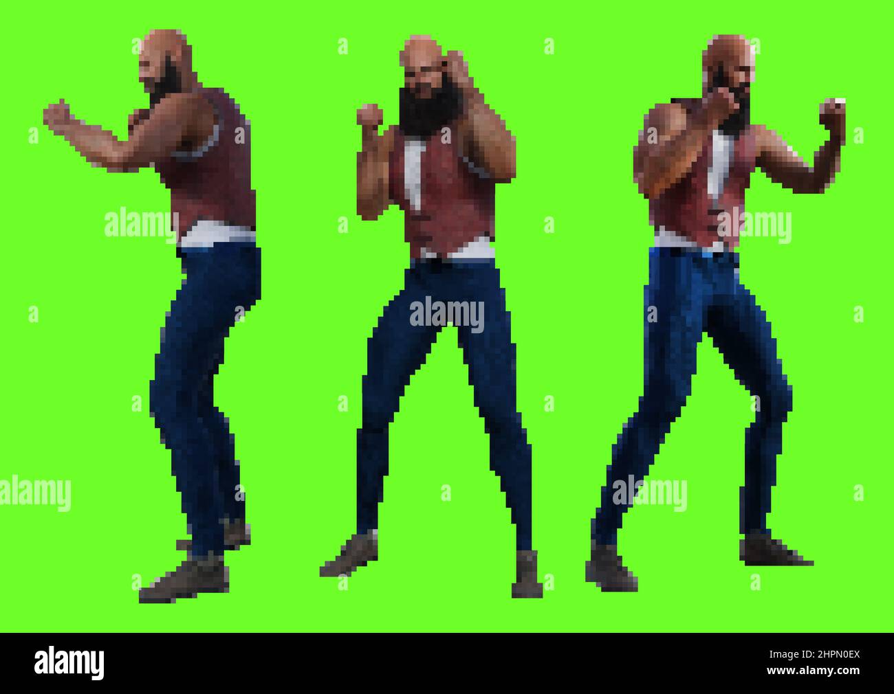 Pixel artwork illustration of biker male game character in denim 