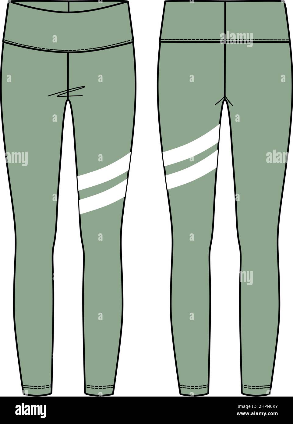 Vector sport leggings fashion CAD, woman lounge or yoga leggings with high waist technical drawing, legging fashion flat with print detail, sketch, te Stock Vector
