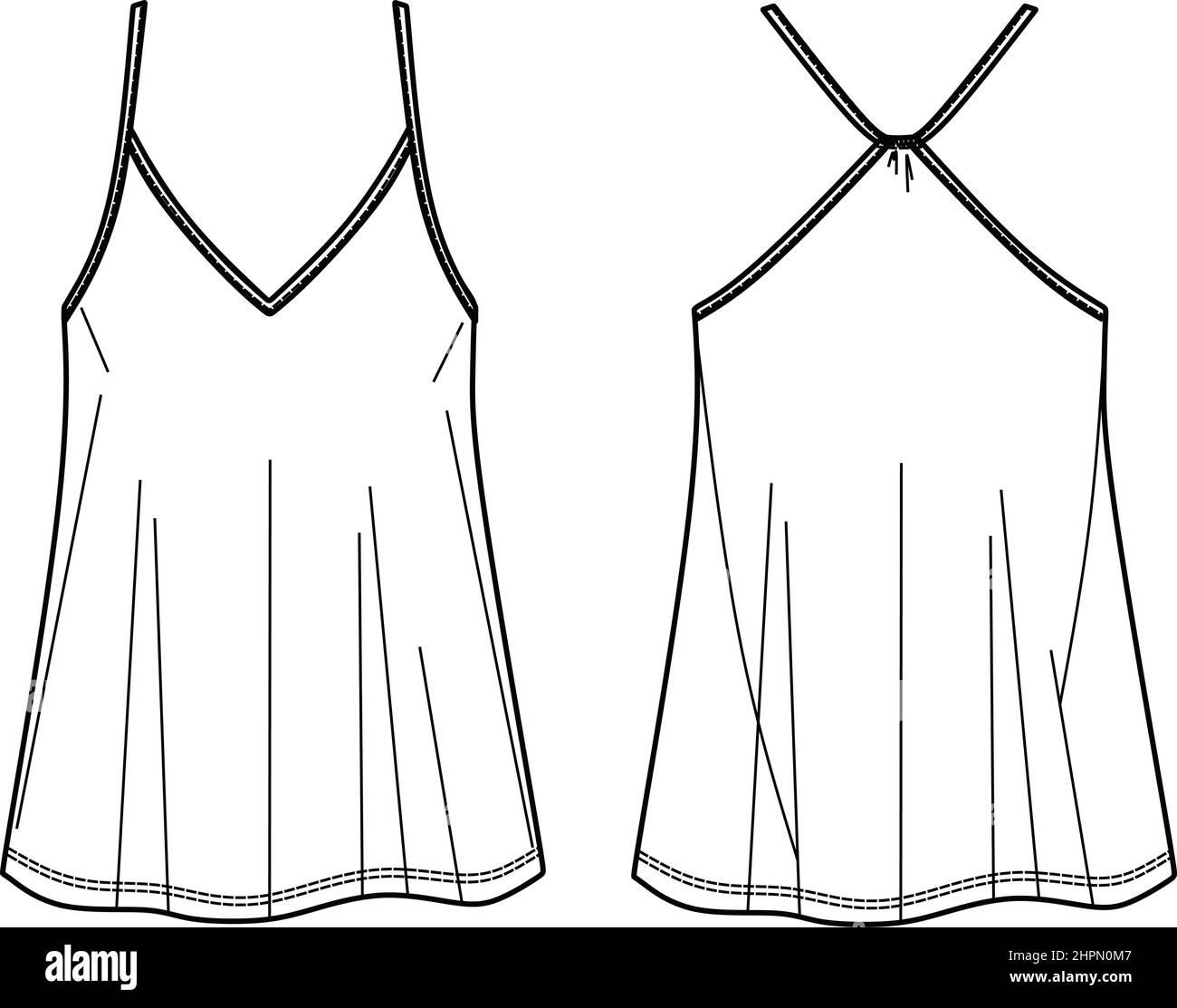 Camisole technical fashion illustration with flattering V-neck, straps, relaxed fit, tunic length. Flat outwear tank apparel template front, back, whi Stock Vector