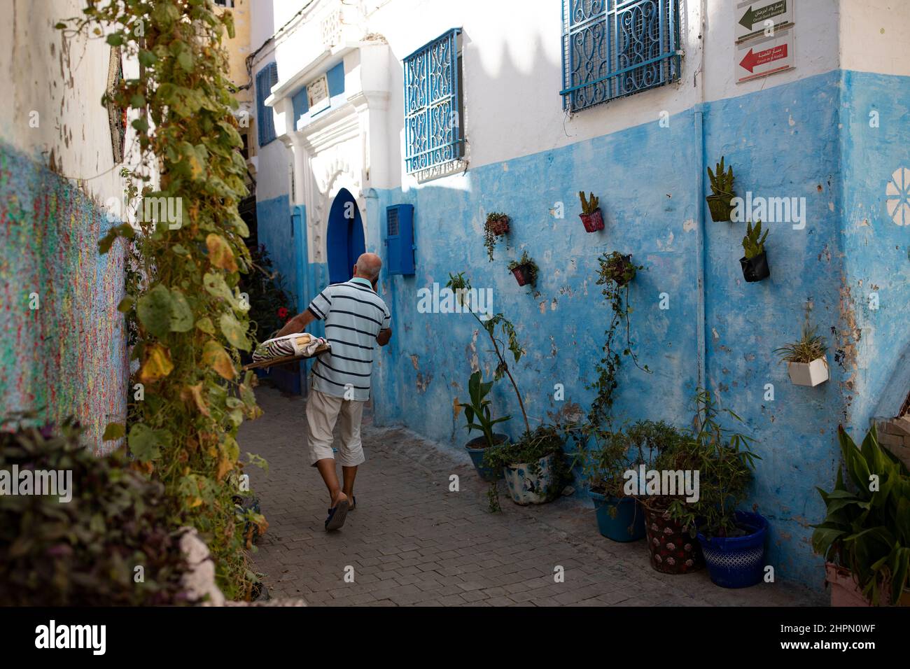 Narrow alleyways in the old medina in Tangier, Morocco, North Africa. Stock Photo
