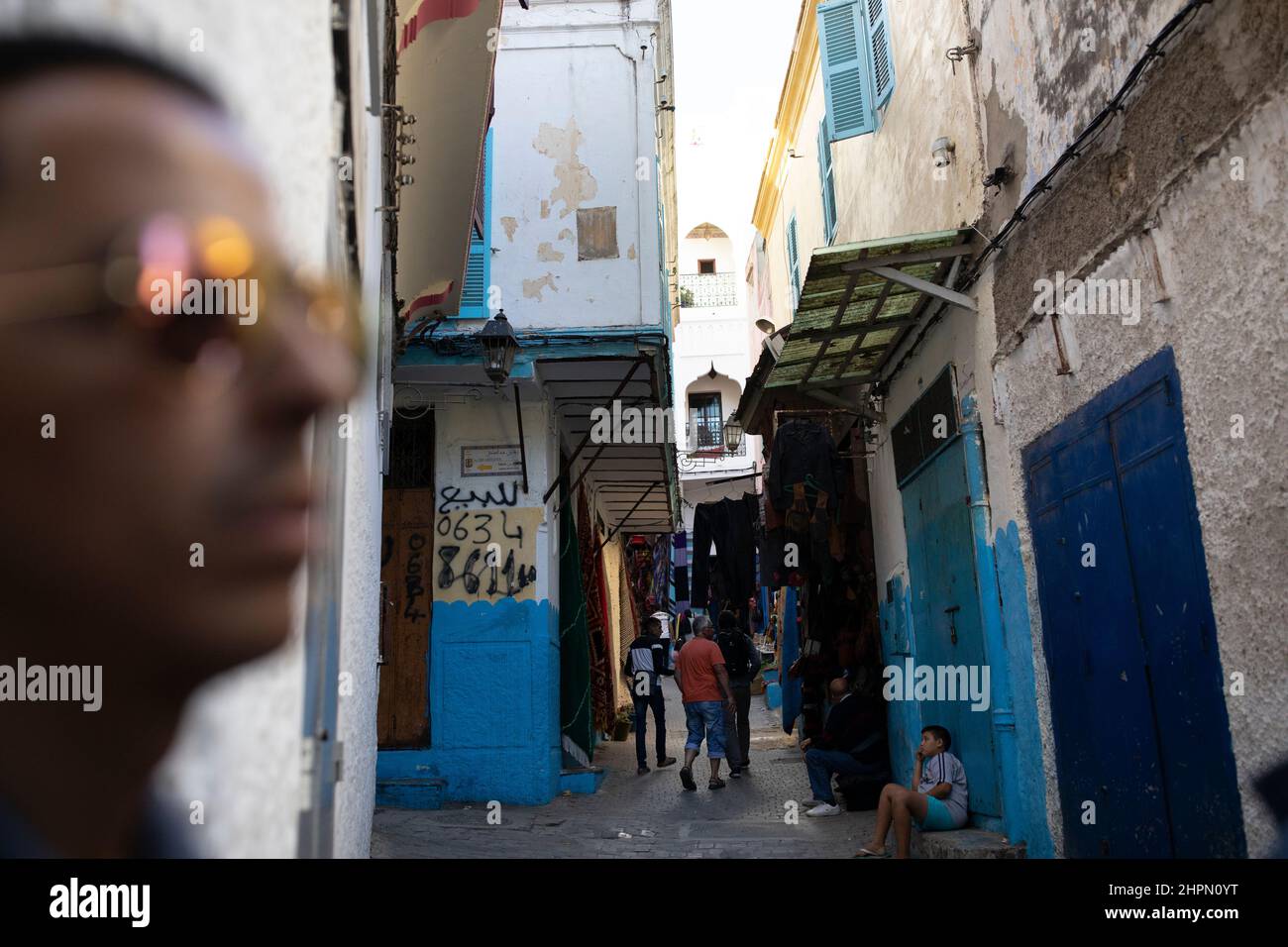 Narrow alleyways in the old medina in Tangier, Morocco, North Africa. Stock Photo