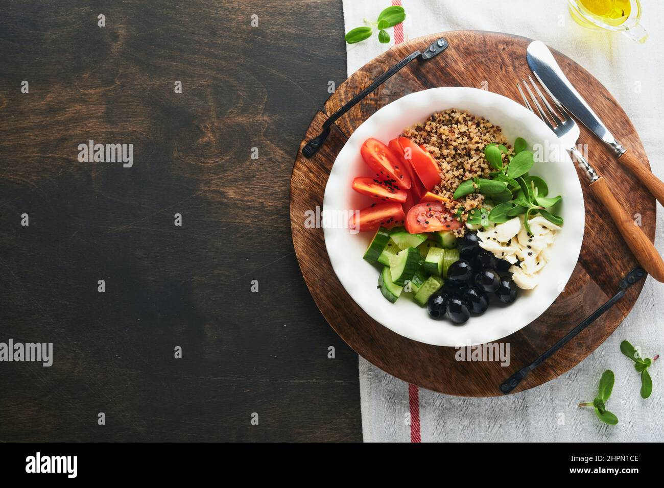 Vegetarian Vegan salad bowl or buddha bowl with tomato, cucumber