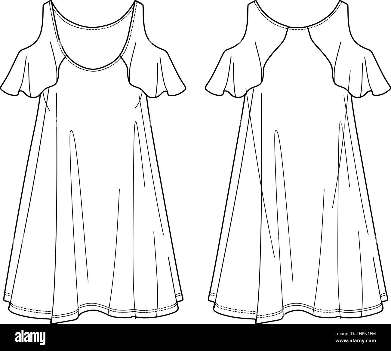 Vector summer dress fashion CAD, woman sleeveless a shaped dress technical drawing, template, flat, sketch. Jersey or woven fabric dress with front, b Stock Vector