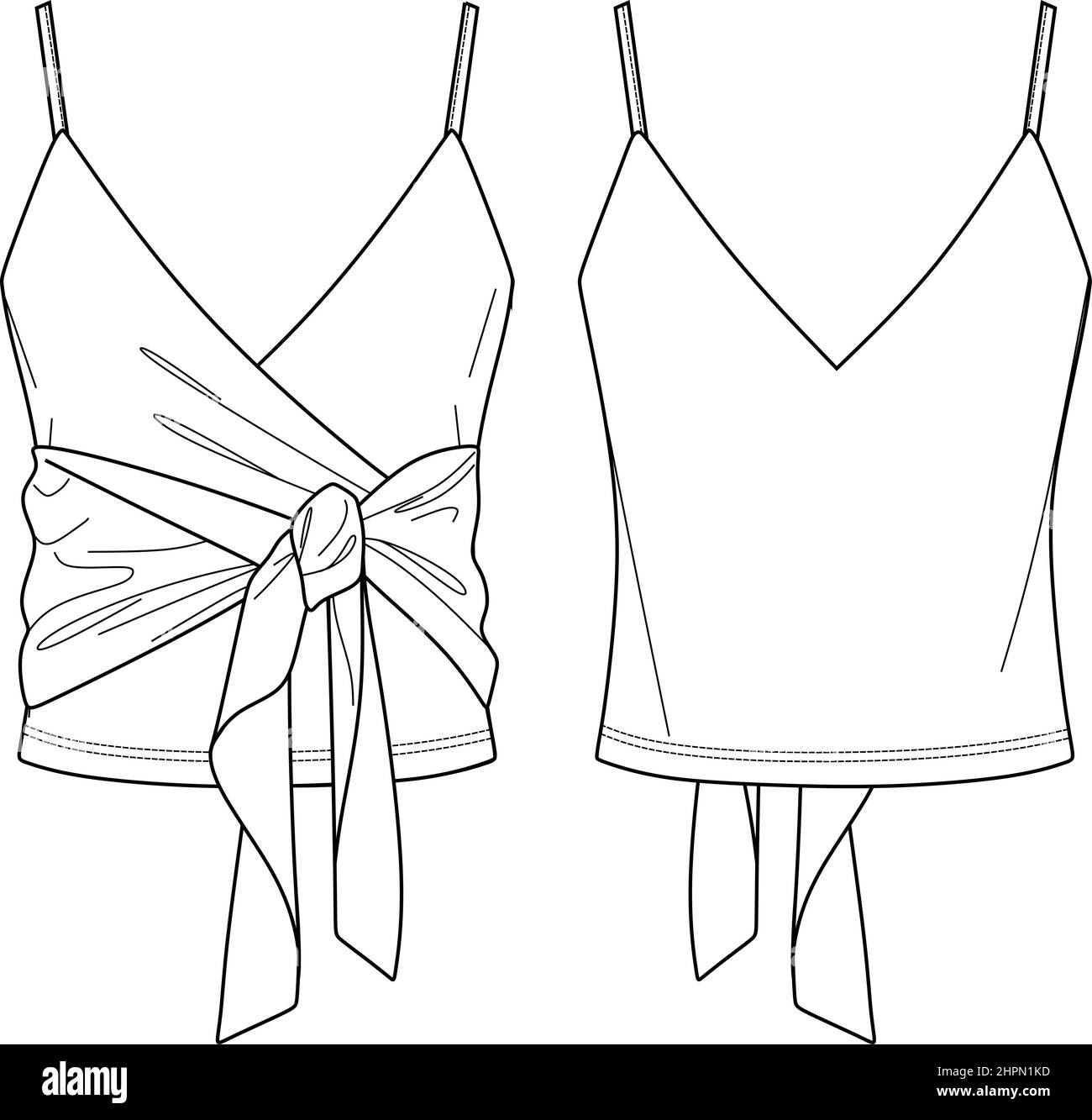 Women camisole with bow detail technical fashion illustration with flattering V-neck, straps, relaxed fit. Flat outwear tank apparel template front, b Stock Vector
