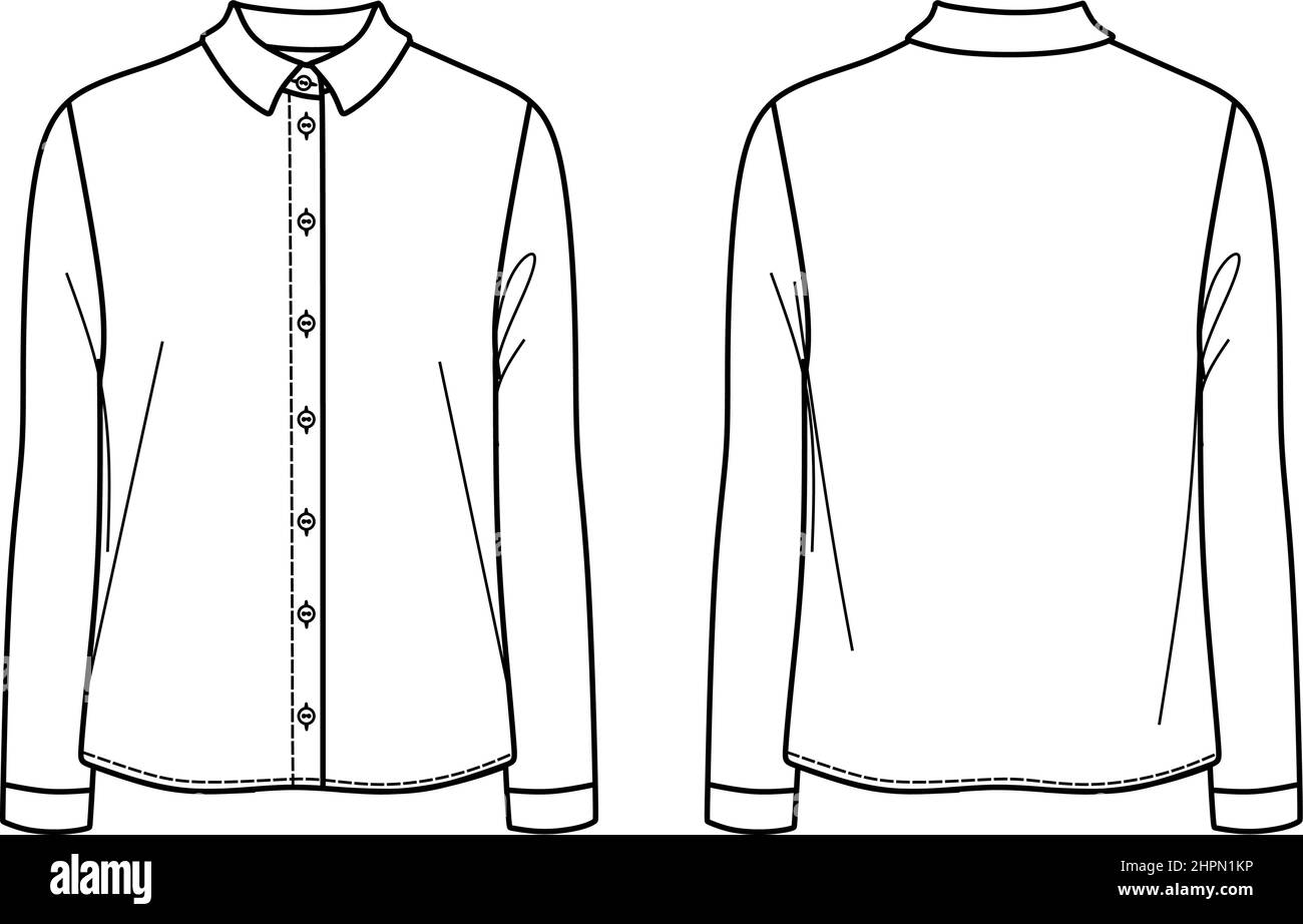 Vector long sleeved blouse fashion CAD, woman classic shirt with collars and buttons technical drawing, template, flat, sketch. Jersey or woven fabric Stock Vector