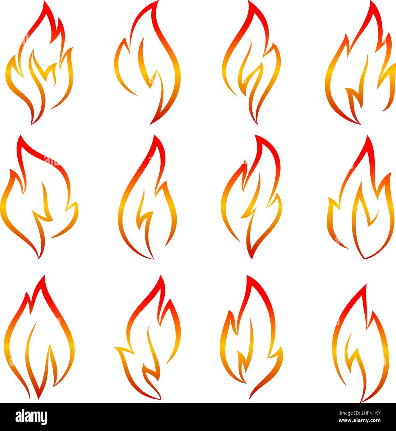 Fire flames, set icons, made orange linear style Stock Vector