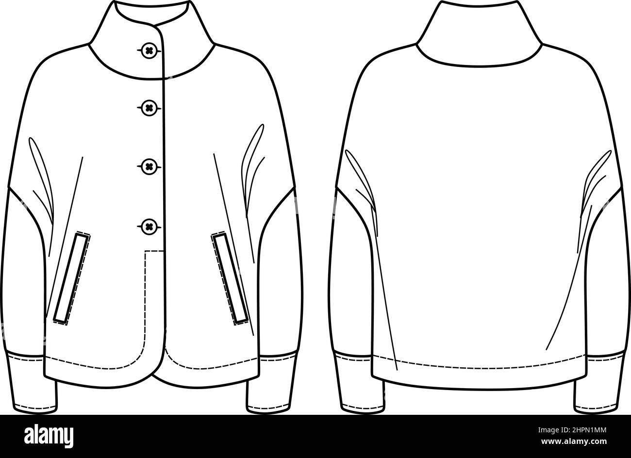 Vector dropped shouldered jacket fashion CAD, woman woven jacket with pockets and buttons technical drawing, template, flat, sketch. Jersey or woven f Stock Vector