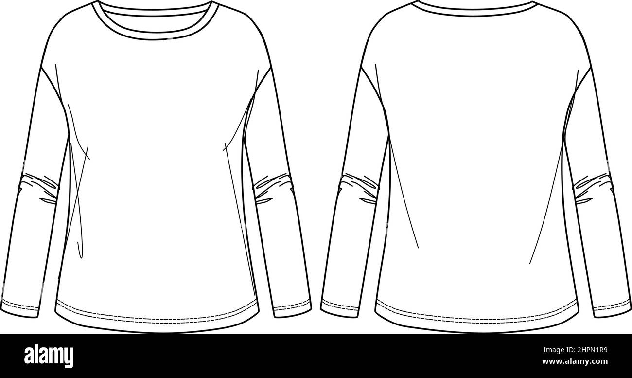 Vector long sleeved T-Shirt fashion CAD, woman round neck t-shirt technical drawing, basic top template, sketch, mock up.  Jersey or woven fabric top Stock Vector