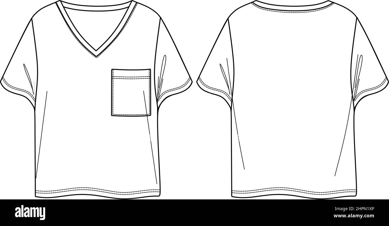 Vector short sleeved v neck blouse fashion CAD, woman t shirt technical drawing with pocket detail. Jersey t shirt with front, back view, white color Stock Vector