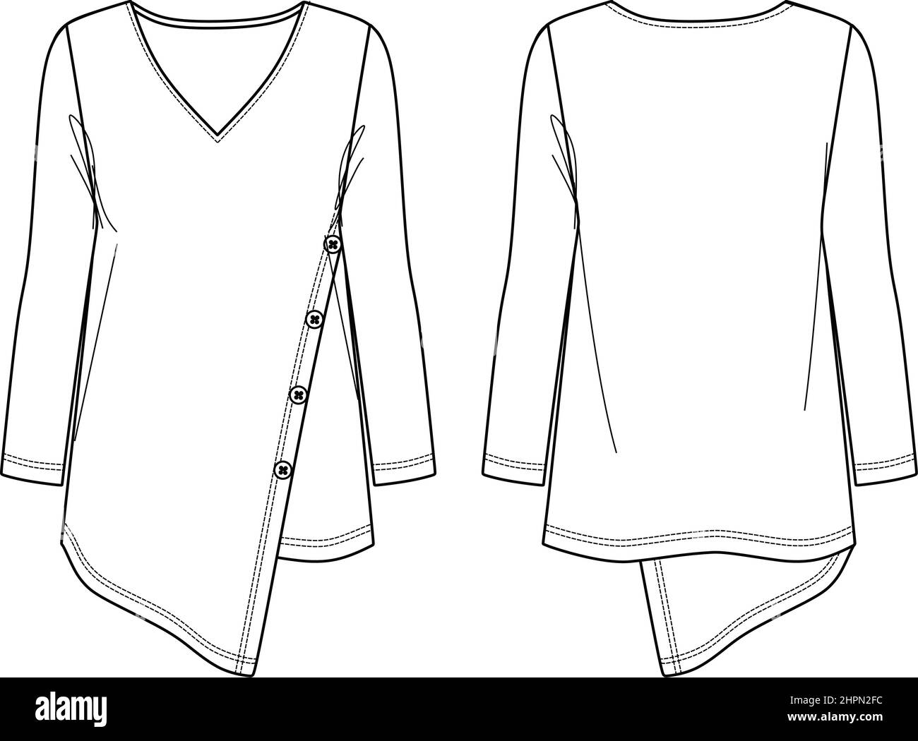 Vector V neck asymmetric blouse fashion CAD, woman oversized top with button details technical drawing, template, sketch, flat. Jersey or woven fabric Stock Vector