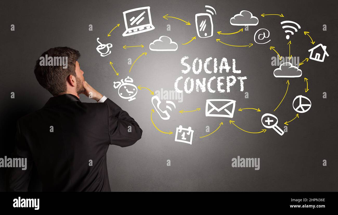 businessman drawing social media icons Stock Photo Alamy