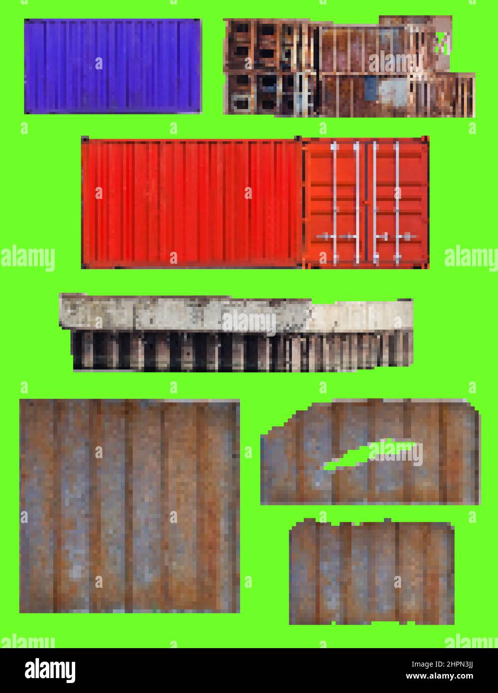 Pixel artwork illustration of metal fence, containers and rusty structure elements on green screen background. 16 bit game clipart. Stock Photo